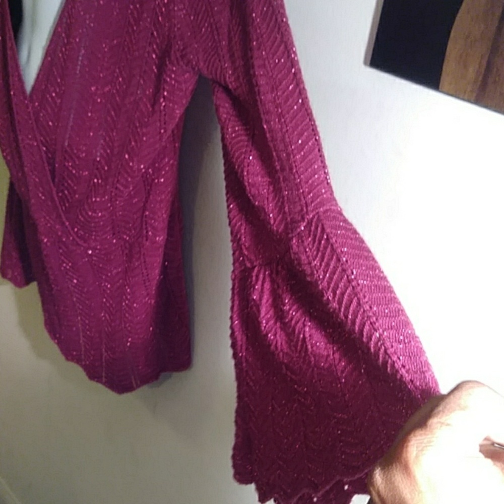 ASHLEY Stewart faux wrap crochet eyelet sweater